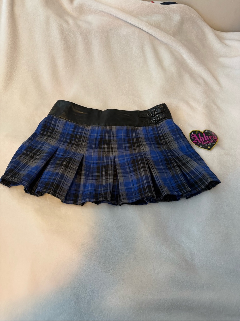 Abbey Dawn Blue Plaid Pleated Mini Skirt with Faux Leather Waistband